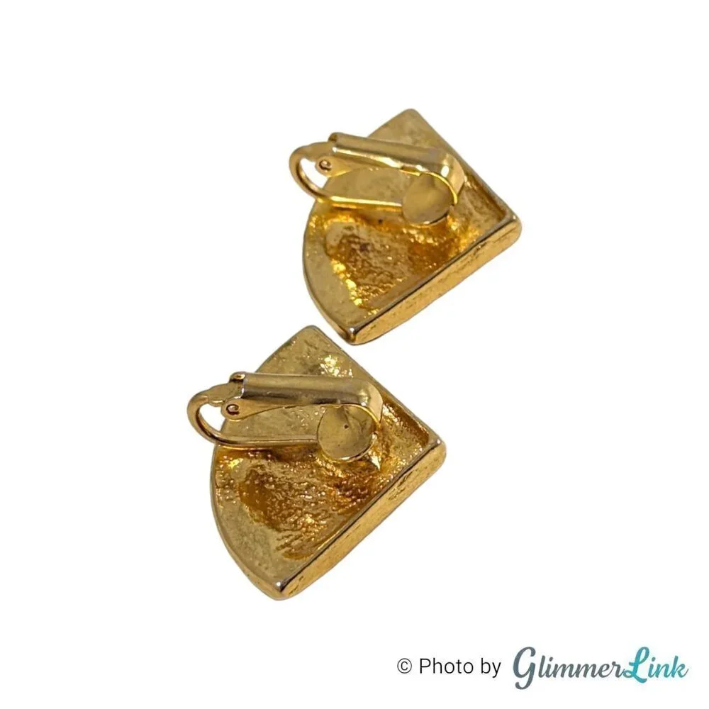 Vintage 1980s Green Enamel Striped Triangle Gold Tone Clip On Earrings